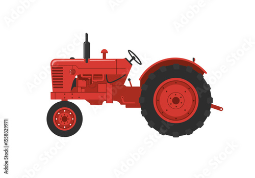A red tractor is depicted against a white background