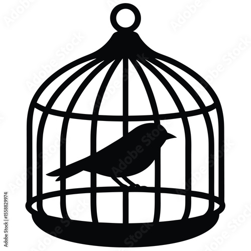 Silhouette of a small bird perched inside a decorative black birdcage