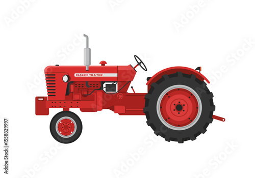 A red tractor with large black tires a steering wheel  a smokestack
