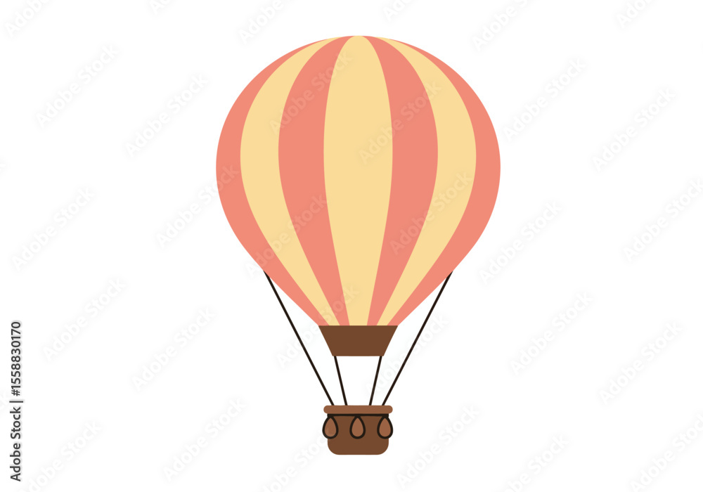 Fototapeta premium A striped pink and yellow hot air balloon with a brown basket is centered on a white background