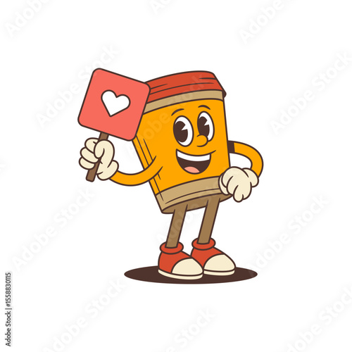Funny orange coffee cup mascot with red lid showing a red sign with heart symbol. Suitable for social media, branding, stickers, apps and marketing. Vector illustration