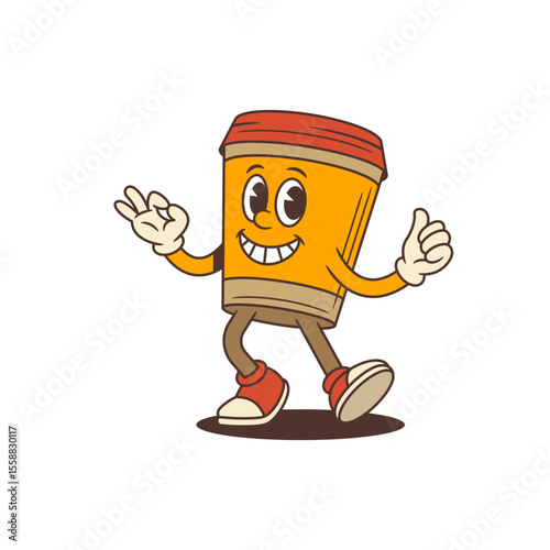 Energetic coffee cup mascot in sneakers dancing joyfully while showing OK and thumbs up gestures. Suitable for cafe branding, social media or product packaging. Vector illustration