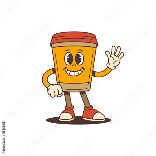 Colorful cartoon takeaway coffee cup character with friendly smile and waving gesture. Suitable for cafes, branding, packaging, menu design, and digital media. Vector illustration