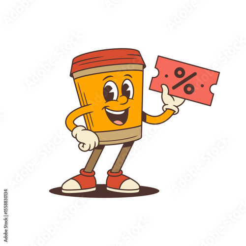 Bright cartoon takeaway coffee cup character smiling and holding red discount sign. Perfect for coffee shop advertising, marketing, menu or packaging. Vector illustration