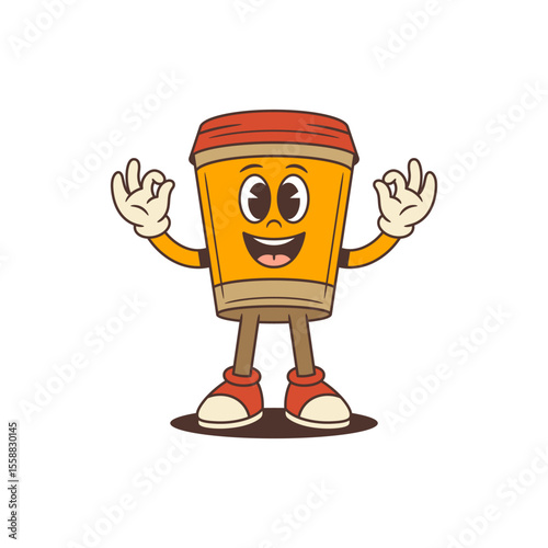 Happy orange coffee cup mascot with red lid smiling brightly and raising both hands with OK gesture. Great for branding, packaging, advertising and cafes. Vector illustration