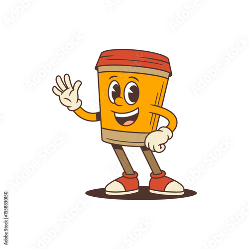 Cute orange takeaway coffee cup mascot with red lid waving hand and smiling. Perfect for branding, packaging, menu design, cafes and digital content. Vector illustration