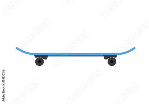A skateboard with blue deck dark gray trucks  black wheels positioned horizontally