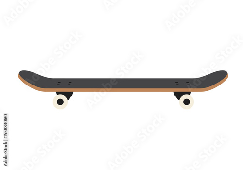 A skateboard with a dark gray deck a brown edge and white wheels