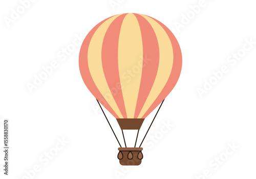 A striped pink and yellow hot air balloon with a brown basket is centered on a white background