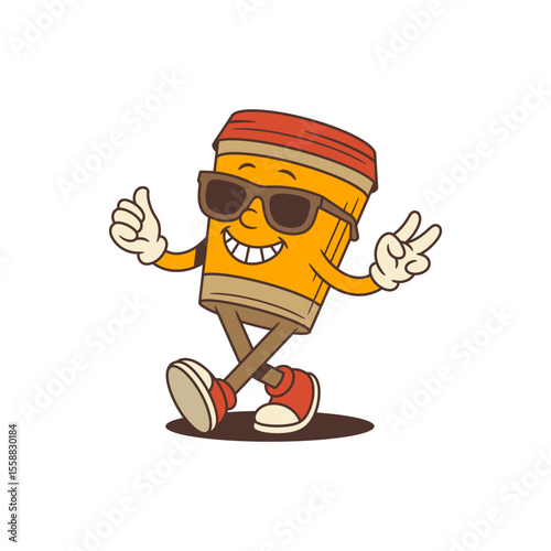 Smiling orange coffee cup mascot with red lid wearing sunglasses walking proudly and showing victory and thumbs up gestures. Suitable for branding, advertising, or social media. Vector illustration