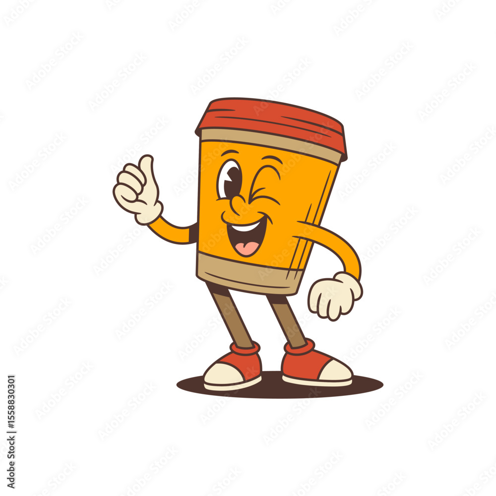 Obraz premium Cheerful orange coffee cup mascot with red lid winking and showing thumbs up gesture. Great for coffee shop branding, takeaway promotions, digital media, and cafe marketing. Vector illustration