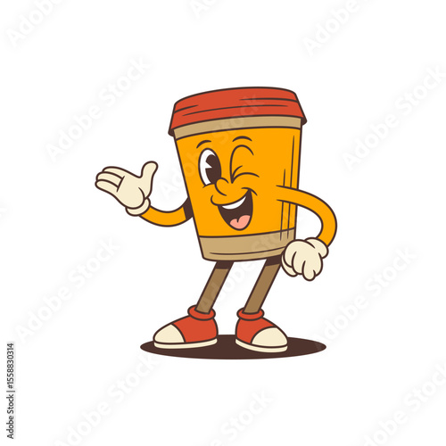 Cheerful orange coffee cup mascot with red lid winking and showing an inviting hand gesture. Perfect for coffee shop openings, takeaway promotions and social media content. Vector illustration