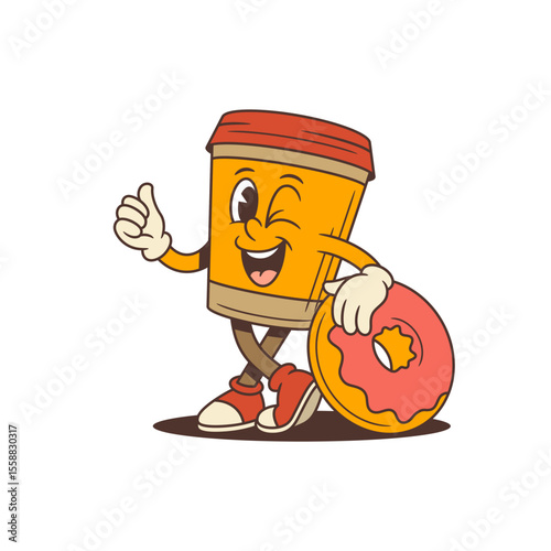 Cheerful coffee cup mascot with red lid winking and leaning on pink donut while giving thumbs up. Ideal for cafe branding, advertising, and menu design. Vector illustration