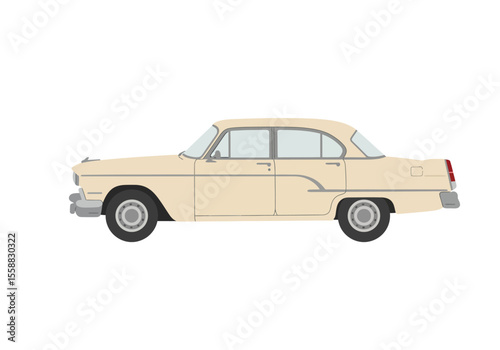 A vintage tancolored sedan with distinct tail fins side trim and classic headlight and bumper styling