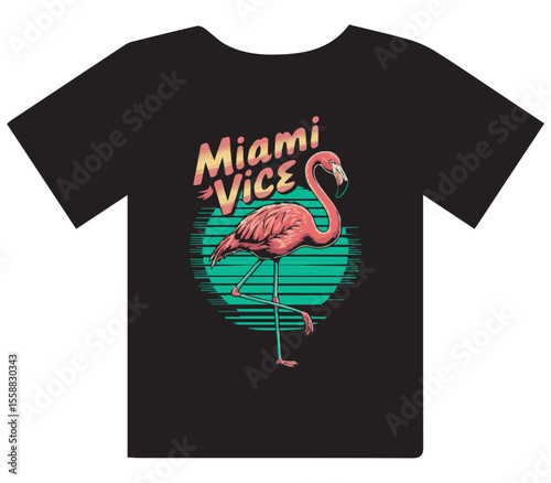 Pink Flamingo 'Miami Vice' T-Shirt Design with Retro Stripes" or "80s Style Flamingo and Teal Sunset Graphic Tee