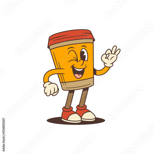 Happy orange takeaway coffee cup in vintage cartoon style winking and showing ok gesture. Ideal for branding, packaging, advertising, or cafe promotions. Vector illustration
