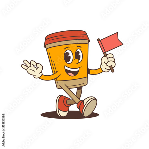 A cheerful coffee cup mascot character joyfully waves a flag. Ideal for coffee shops, cafes, and beverage branding. Perfect for logos, advertisements, and promotional materials. Vector illustration