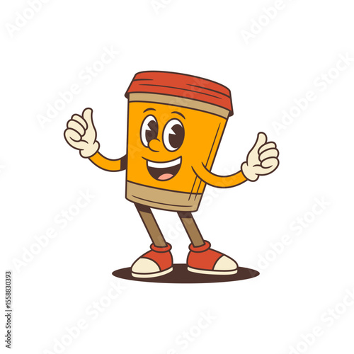 A cheerful coffee cup mascot character with arms and legs stands welcoming with open arms. Ideal for logos, advertisements, and promotional materials. Vector illustration