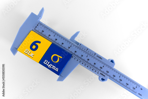 A caliper measuring two block yellow and blue with text six sigma