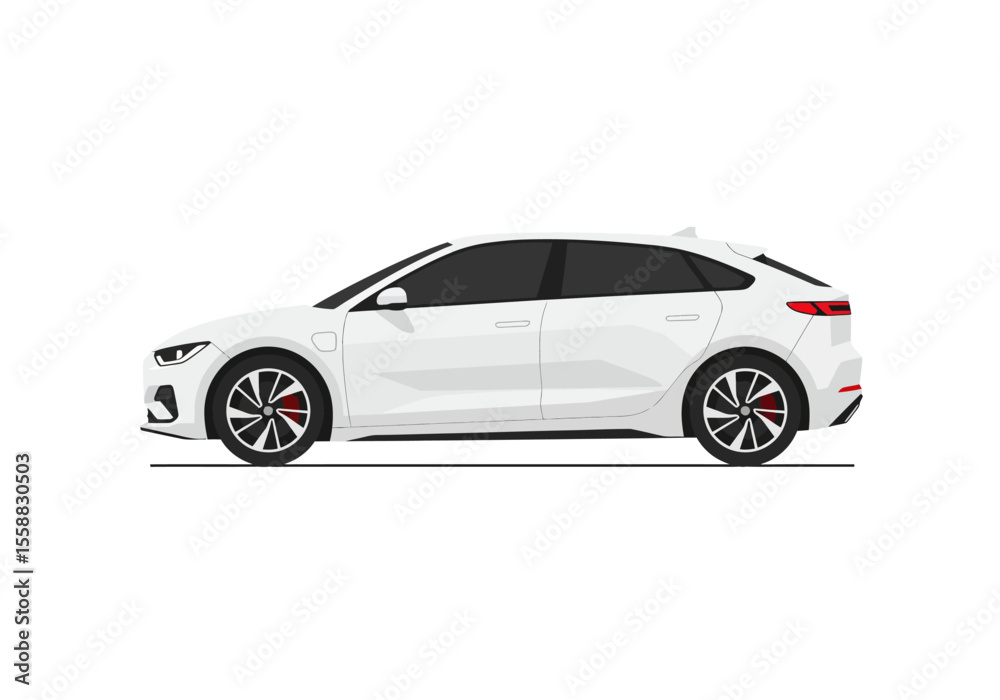 A white electric car is parked displaying its side profile with black rims and red brake calipers A white electric car is parked displaying its side profile with black rims and red brake calipers