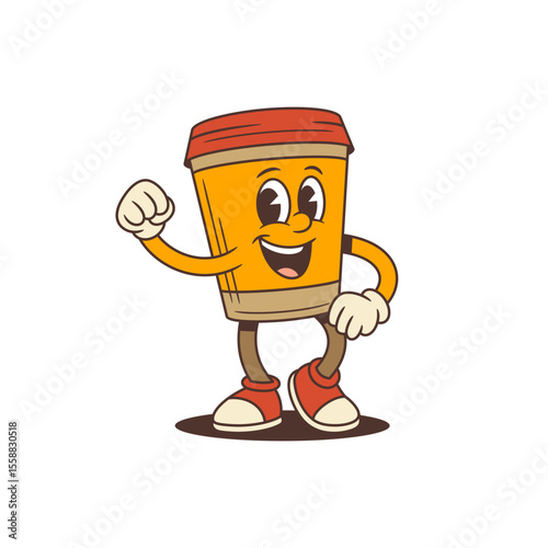Energetic and confident coffee cup mascot with lively posture and playful attitude enhances branding, marketing campaigns, social media, and promotional materials for cafes and coffee shops