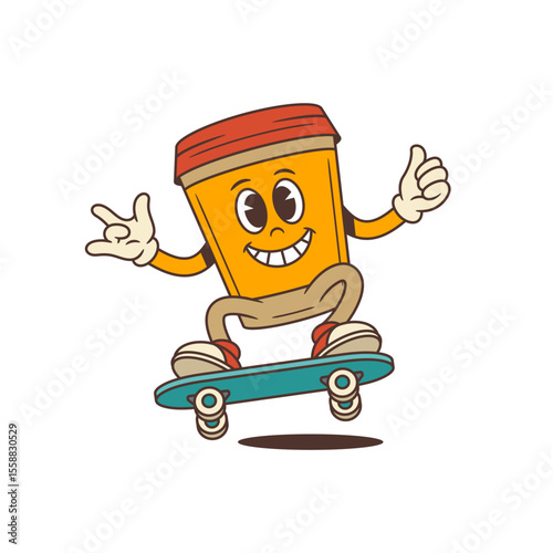 Animated coffee cup mascot riding a skateboard with a joyful expression, thumbs-up, and peace sign gestures. Dynamic and upbeat design perfect for marketing, social media, cafes. Vector illustration