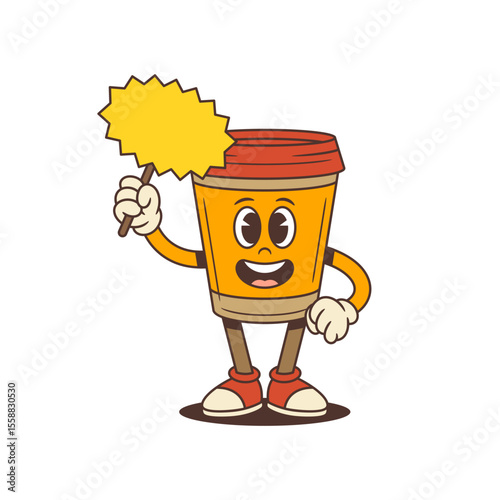 Coffee cup mascot holding star ad sign with confident and welcoming posture adds lively charm to marketing materials, cafe branding, social media campaigns, packaging designs, and promotional content