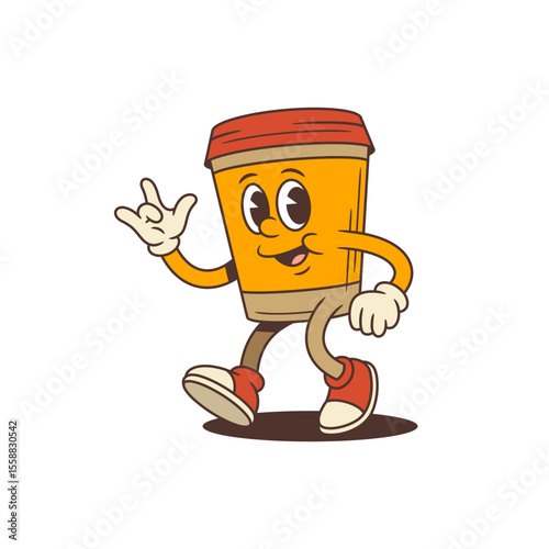 Coffee cup mascot with orange body and lively expression walking confidently. Character shows playful rock on gesture perfect for marketing, social media and promotional materials. Vector illustration