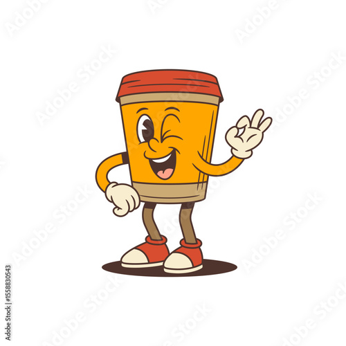 Coffee cup mascot winking playfully and making an okay gesture while standing confidently in red sneakers. Perfect for branding, social media, and promotions with joyful and inviting vibes