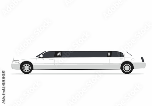 A white limousine is shown in profile featuring elongated body tinted windows and distinctive front grill