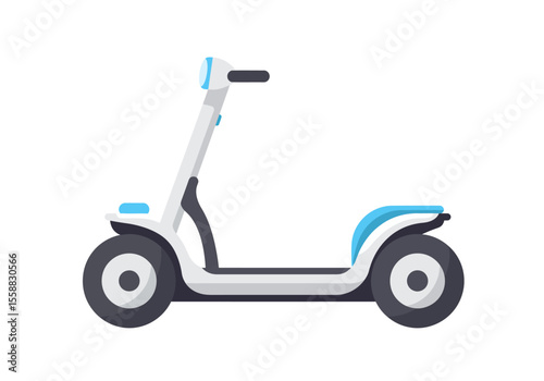 A white electric scooter with black handles wheels and an accent of light blue