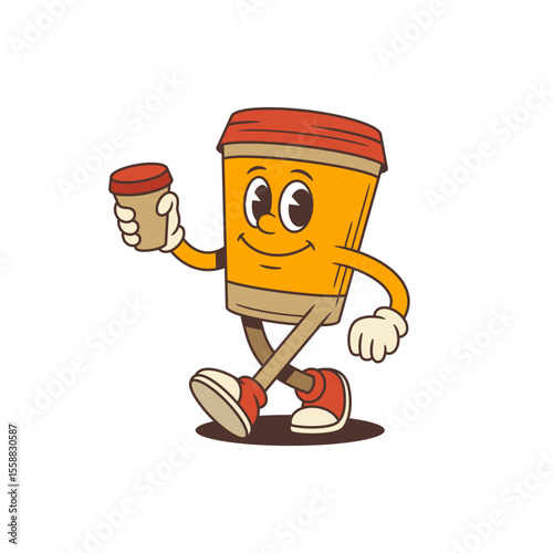 Joyful coffee cup mascot walking with lively energy and a toast gesture, radiating friendliness and confidence. Perfect for branding, marketing, social media, and coffee shop promotions
