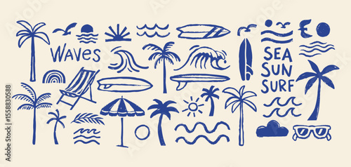 Hand-drawn doodle beach and surf icon vector set with tropical elements like palm trees, waves, surfboards, and sun. Perfect for summer designs, t-shirts, posters, and coastal branding.