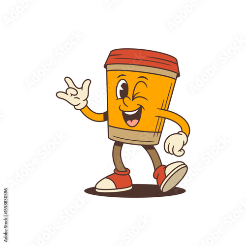 Energetic coffee cup mascot with orange body and red lid in dynamic walking pose. Features playful wink, wide smile and rock on hand gesture conveying confidence and friendliness. Vector illustration.
