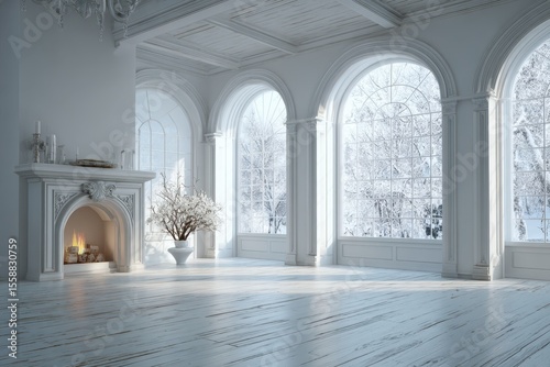Arched Fireplace in Classical Scandinavian Room with Modern Vintage Decor
