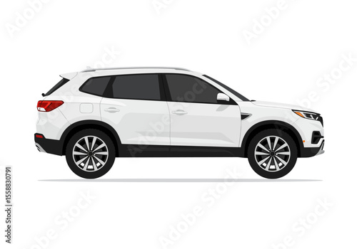 A white SUV with dark tinted windows is displayed in a side view with black tires and wheel rims