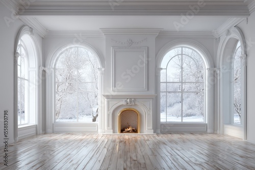 Arched Fireplace in Classical Scandinavian Room with Vintage Decoration