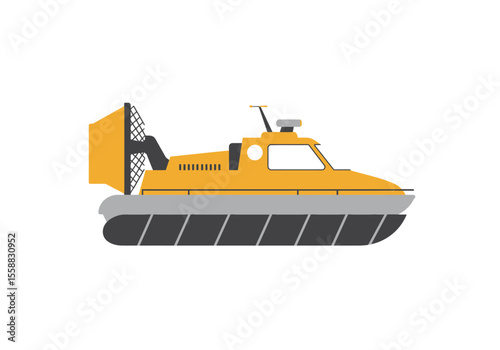 A yellow hovercraft with a gray base and black diagonal lines