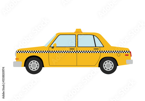 A yellow taxi with checkered stripes running along its side