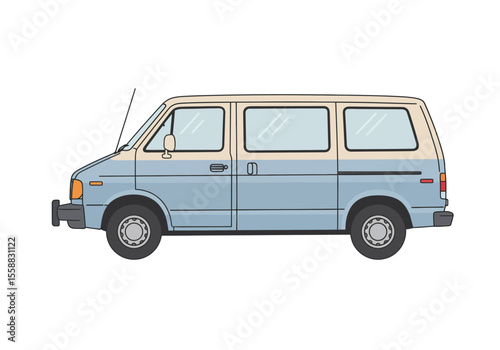 An illustration of a twotone blue and tan cargo van