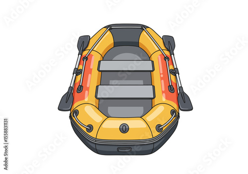 An inflatable yellow  grey raft with paddles sits on a white background