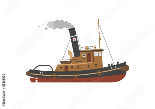 An old tugboat with smoke emitting from its stack