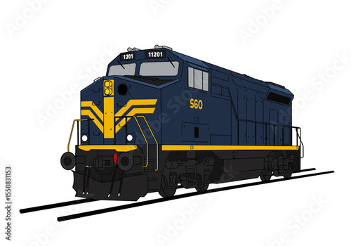 An isolated blue and yellow diesel locomotive on tracks angled view