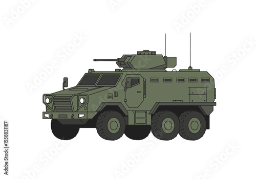 An olive drab military armored vehicle with a gun turret sits on a white background
