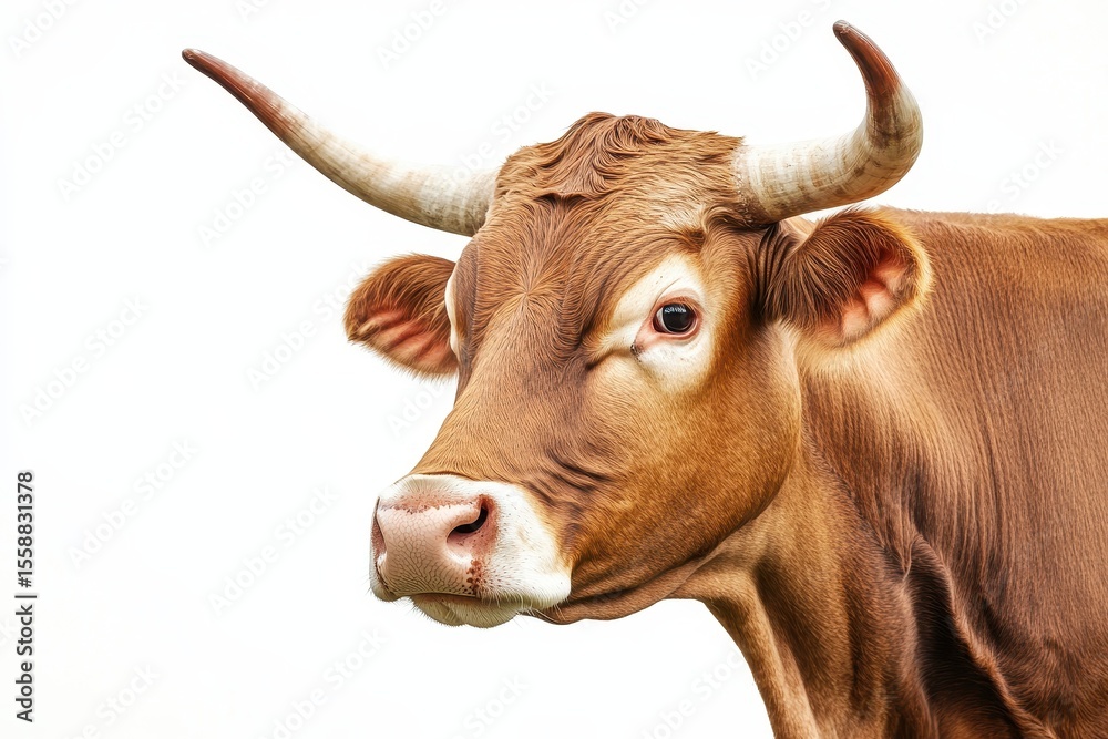 Naklejka premium Serene Brown Cow Captured in Daydreaming Pose Against a Crisp White Backdrop
