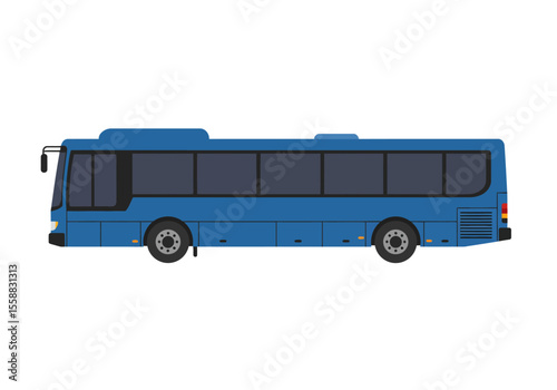 Blue bus with blacktinted windows and black wheels against a white background