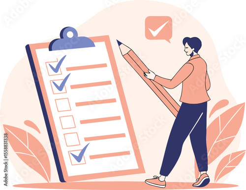 Vector art of a man with a large pencil marks items on a checklist on a clipboard