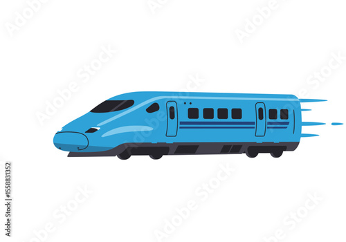 Blue cartoonstyle highspeed train with horizontal speed lines on a white background
