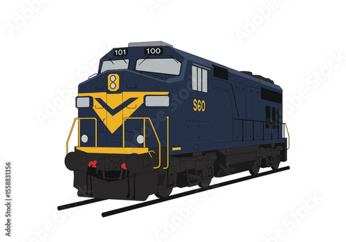 Blue  yellow diesel train with 101 and 100 numbers on top is riding the tracks