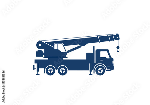 Bluehued crane truck boom extended with a hanging hook stands out against a white backdrop